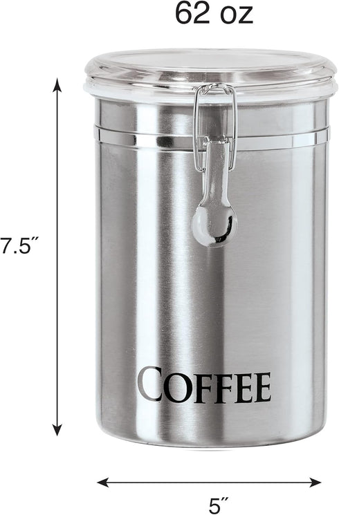 62 oz 5" 7.5". Oggi Stainless Steel Coffee Canister fl - Airtight Clamp Lid, Clear See-Thru Top - Ideal for Coffee Bean