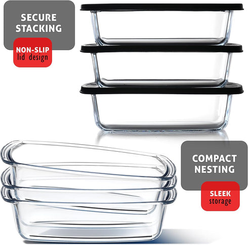 EATEX Glass Bread Pans for Homemade Baking, 1.9 Quart Deep Rectangular Food Storage Containers with Lids, 3 Loaf Pans
