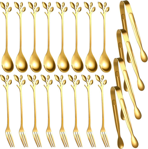 Leaf Coffee Spoons, Mini Serving Tongs, Appetizer Forks, Stainless Steel Dessert Spoons for Coffee Tea (20, Gold)
