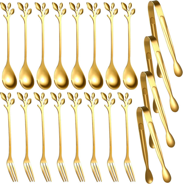 Leaf Coffee Spoons, Mini Serving Tongs, Appetizer Forks, Stainless Steel Dessert Spoons for Coffee Tea (20, Gold)