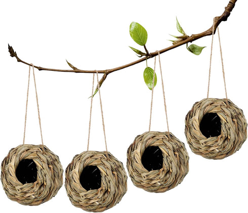 winemana 4 Pack Hanging Bird Nest House for Outside, Hand Woven Ball Shape, Durable Natural Grass for Garden Patio