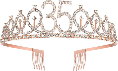 35th Birthday Sash and Tiara for Women, Rose Gold Crown Sash and Tiara for Happy 35th Birthday Party Supplies