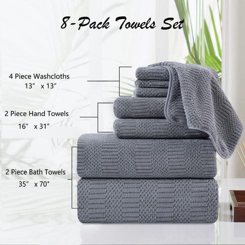 8 Set-2 Sheets,2 Towels,4 Washcloths-600GSM Piece Oversized Gray Bath Towel Extra Large Bath Towel Hand Soft Highly