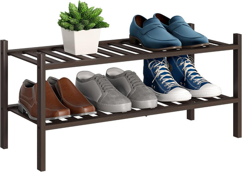 BMOSU 2-Tier Bamboo Shoe Rack Premium Stackable Shoe Shelf Storage Organizer for