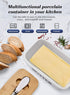 Large Butter Dish with Lid, Ceramic Butter Keeper for 2 Sticks, Includes Knife and Sponge Scrubber, White
