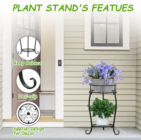 2 Potted Plant Stand Tier Metal Flower Pot Stand Anti-Rust Heavy Duty Plant Holder Shelf for Home Indoor Outdoor