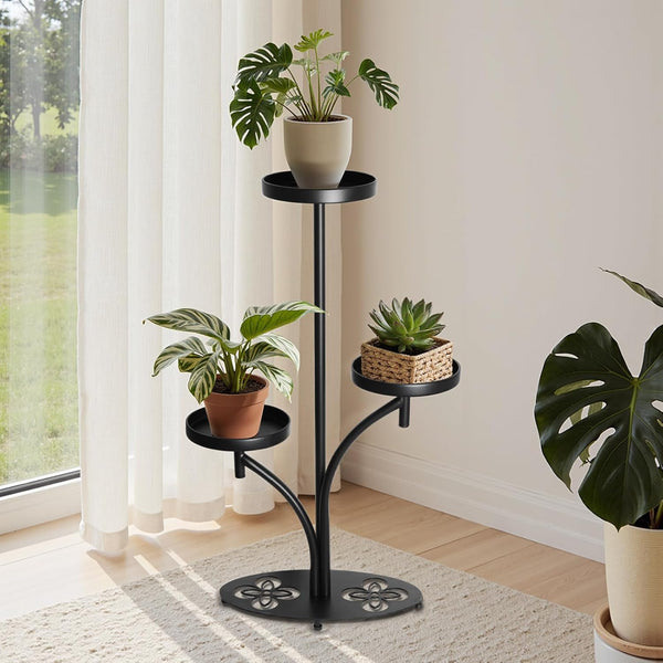 Indoor 3 Tier Black Plant Stand, Tall Metal Plant Stand, Heavy-duty Base