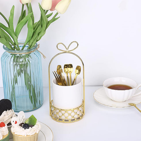 JUXYES Ceramic Silverware Holder for Tabletop, White Cutlery Holder with Golden Metal Bracket for Kitchen