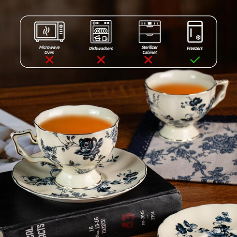 KAMMAK Set 2, 6.8-Ounce Tea Cups and Saucers of Porcelain Coffee Cups, Stackable Espresso Mugs, Ceramic Demitasse