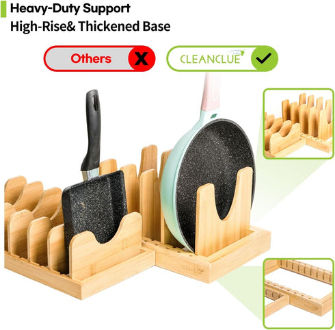Bamboo Expandable Pots and Pans Organizer under Cabinet, Adjustable Pot Lids Holder Rack for Kitchen Storage