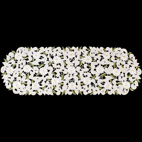 Embroidered Cut Work White Daisy on Ivory Table Runner - Dresser Scarf (16Wx54L)