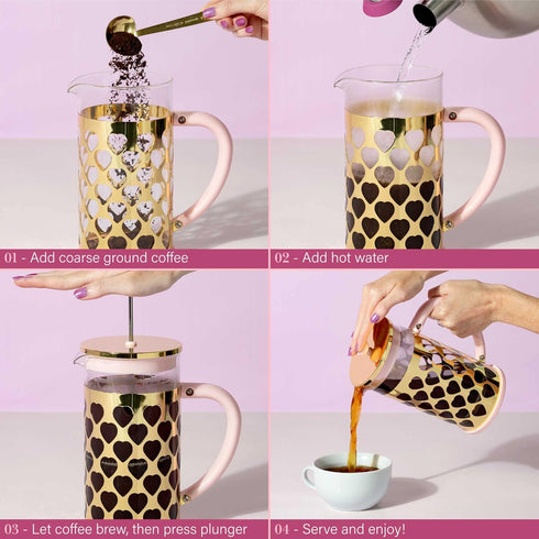 Paris Hilton French Press Coffee Maker - 2-Piece Set with Heart Shaped Measuring Scoop, 8-Cup or 34-Ounce, Pink