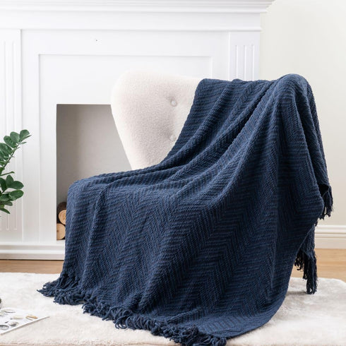 BATTILO HOME Navy Blue Throw Blanket - Knitted 50'' x 60'' Super Soft Warm Navy Throws for Couch