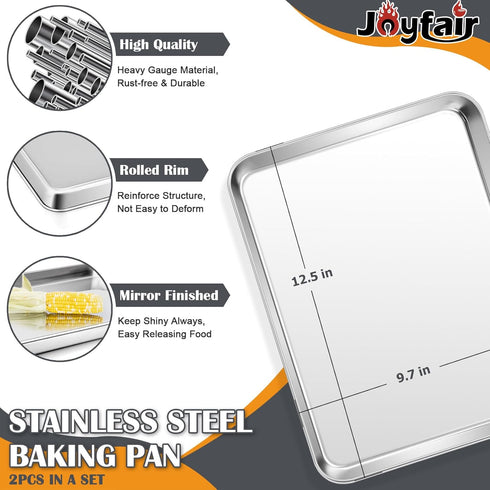 Joyfair 12.5inch Baking Pan Set (2Pcs), Professional Stainless Steel Quarter Size Cookie Pans Tray, Toaster Oven Bakeware for Jelly Roll/Bread/Bacon, Non Toxic & Healthy, Rust-free & Dishwasher Safe
