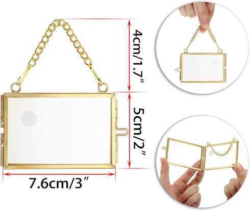 JUXYES Mini Brass Wall Hanging Photo Frame Set of 4, Double Glass Floating Frame for Artwork, Picture, Pressed Flower,