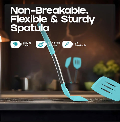 Silicone Spatula Set, Turner Spatulas Heat Resistant 600°F, Slotted & Solid for Cooking Fish, Eggs, Pancakes - Aqua