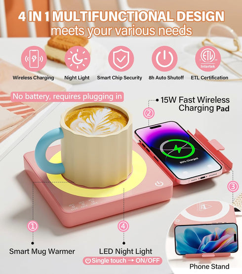 15W 3-Temp Mug Warmer for Desk with Wireless Charger - Aesthetic Desktop Accessory Tech Gifts for Women, Coffee Cup