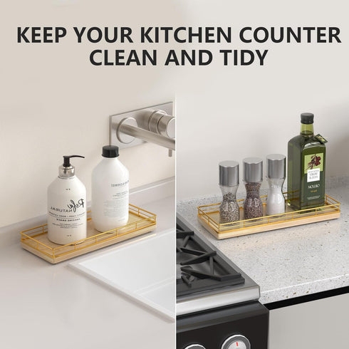 Counter Bathroom Tray for Top Organizer Oak Wood Vanity Tray with Metal Frame for Dresser, Kitchen, Nightstand Gold