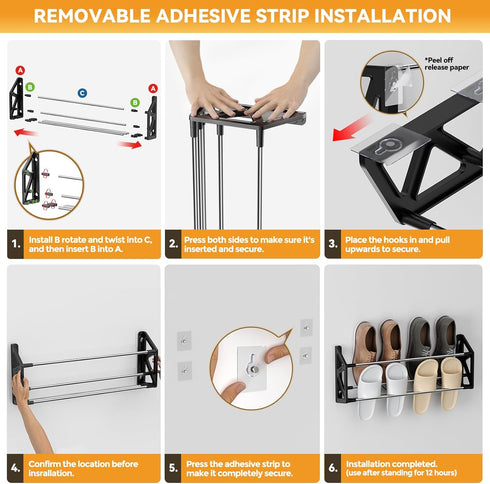 3 Pack 12 Hanging Shoe Rack for RV, Wall Shoe Rack with Sticky Adhesive Strips Slim Shoe Rack Shoe Holder Holds Pairs