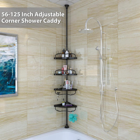 Shower Caddy Tension Pole with 4 ABS Baskets, Adjustable 56 to 125 Inch Stainless Pole for Bathroom, Black