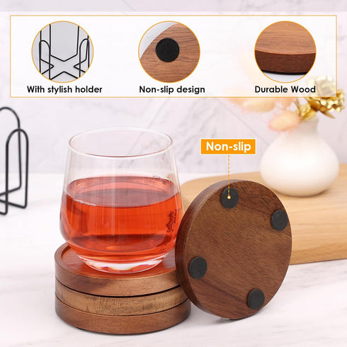 4 Set Pcs Wood Coasters for Drinks Absorbent, Wooden Coasters with Holder, Drink Coasters for Coffee Table, Absorbent