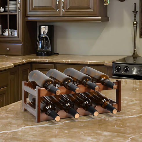 Bamboo Wine Rack, 2-Tier Free Standing Holder for 8 Bottles, Countertop Storage Shelf for Kitchen and Dining Room