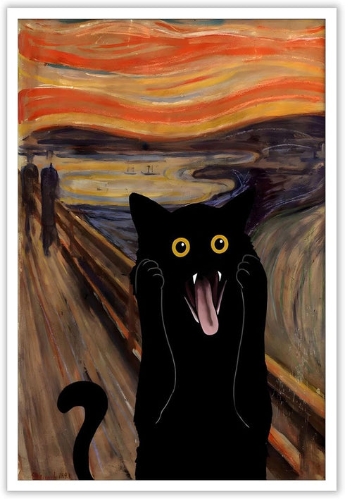 TYOHU Scream Funny Black Cat Poster, 16x24in Unframed Retro Sunset Glow Canvas Wall Art
