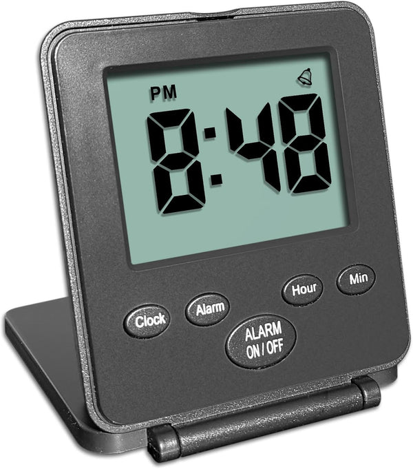 Digital Travel Alarm Clock - Simple Operation, Loud Alarm, Snooze, Small and Light, Battery Powered, Black