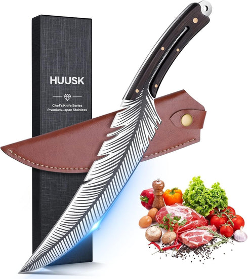 Huusk Japan Knife Hand Forged Viking Knife, High Carbon Steel Butcher and Boning Knife for Meat Cutting, Cooking Knife