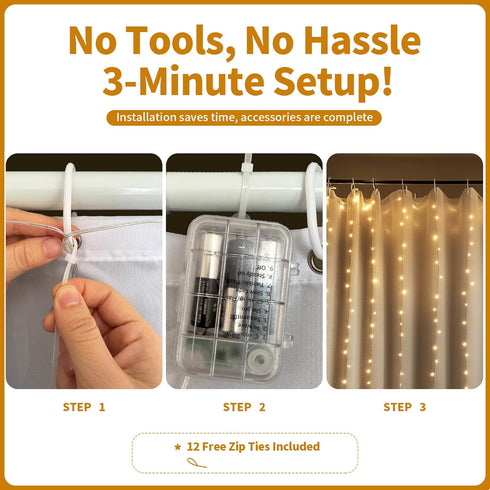Patioman 72 Inch 8 Waterproof LED Shower Curtain Lights - Fairy Lights for Bathroom, Modes Warm White Spa Mood Lighting