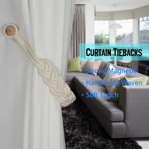 BEL AVENIR Curtain Tiebacks, Magnetic Woven Curtain Holdback Drapery Tie-Back, Ivory Braid