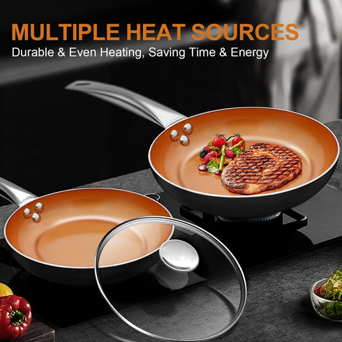 KOCH SYSTEME CS 8" Little Skillet with Lid, Copper Nonstick Frying Pan for Oven & Stove, PFOA Free