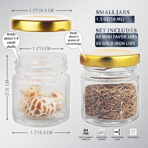 60 Pack 1.5 oz Folinstall Small Glass Jars with Lids, Mini Honey Jars, Candle Jar for Candle Making for Gifts, Crafts