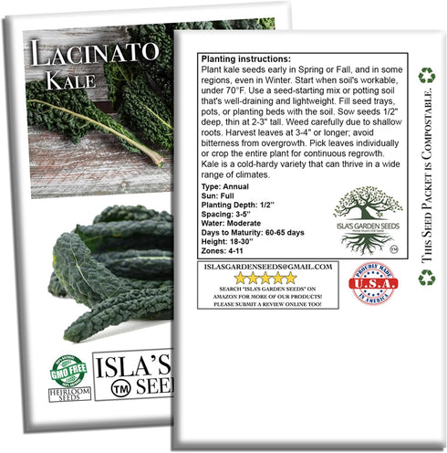500+ Lacinato Kale Seeds (Brassica oleracea var. palmifolia) Heirloom Non-GMO Seeds by Islas Garden Seeds, Dark