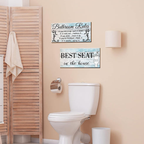 Jetec 2 Pieces Funny Bathroom Pictures Wall Sign Decor - Rustic Farmhouse Bathroom Rule Wall Art