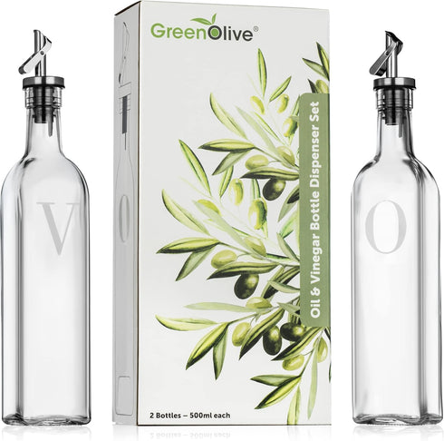 GREENOLIVE Olive Oil and Vinegar Dispenser Set - 17 oz. Glass Bottles with No-Drip Spouts - Set of 2