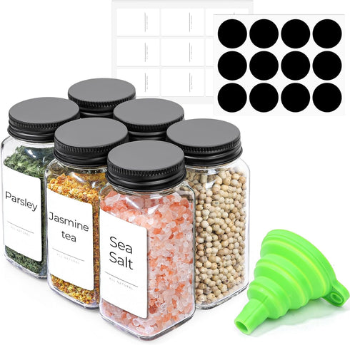 ComSaf 6Pcs 4oz Glass Spice Jars with Metal Lids, 21 Labels, Empty Containers, Square Spice Bottles for Kitchen.