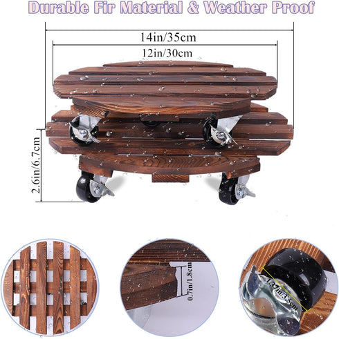 PRAQECZ 2 Pack 5 14" 12" 220 LB 360 Plant Caddy with Wheels, + Rolling Plant Stand Heavy Duty Wooden Round Plant Dolly