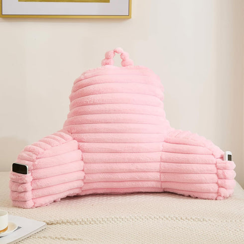 Memfydu Faux Fur Fluffy Pink Reading Pillow with Pockets, Luxury Striped Plush Decorative, Arm Rests and Back Support