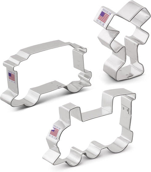 3-Pc. Set Ann Clark Train Railroad Cookie Cutters (Train Engine, Caboose, Railroad Crossing Sign) Made in USA