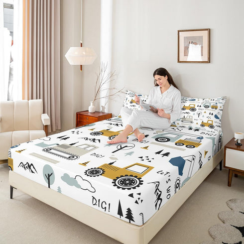 Set Set 3Pcs Feelyou Cartoon Car Kids Fitted Sheet Construction Bed Sheet Decor Equipment Trucks Bedding Cartoon Car