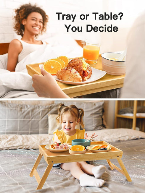 Bamboo Bed Tray Table with Foldable Legs, Breakfast Tray for Sofa, Bed, Eating, Working, Used As Laptop Desk Snack Tray