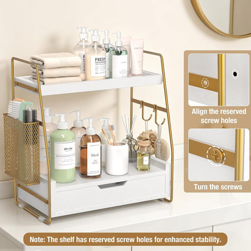 ROPALINS 2-Tier Counter Counter 13'' Bathroom Organizer with Drawer & Removable Basket, Wood & Metal Vanity Organizer