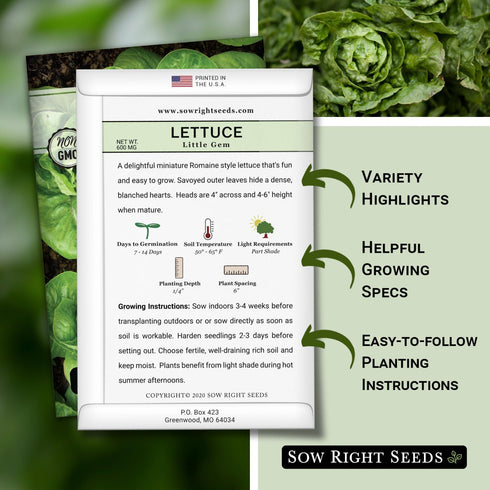 Packet (1) Sow Right Seeds - Little Gem Lettuce Seeds for Planting - Non-GMO Heirloom with Instructions to Plant a Home