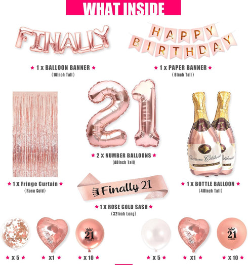 21st Birthday Party Decorations for Her, Rose Gold Supplies Big Set with Birthday Banner and 21 BDay Digit Balloons