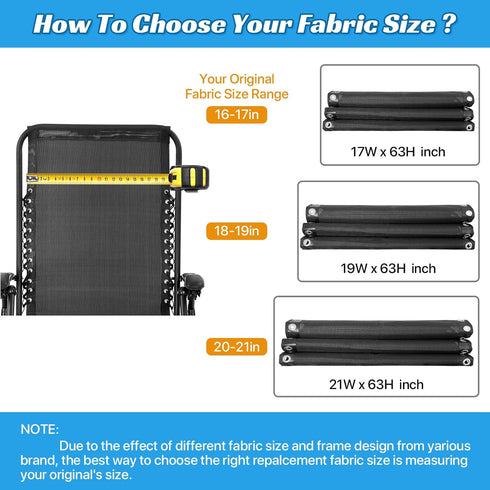 17 Inch Zero Gravity Chair Replacement Fabric with Bungee Cord Kit, Wide Repair Cloth with Replacement Cord for Anti
