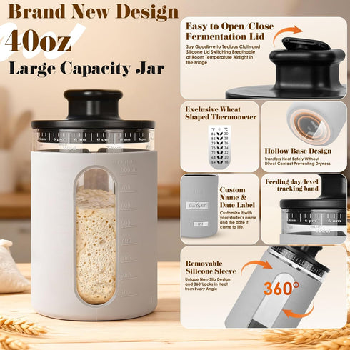 Risecret 9" 10" 34 oz Sourdough Starter Kit with Aliquot Jar, Wood Pulp Round & Oval Bannetons & Sourdough Starter Jar