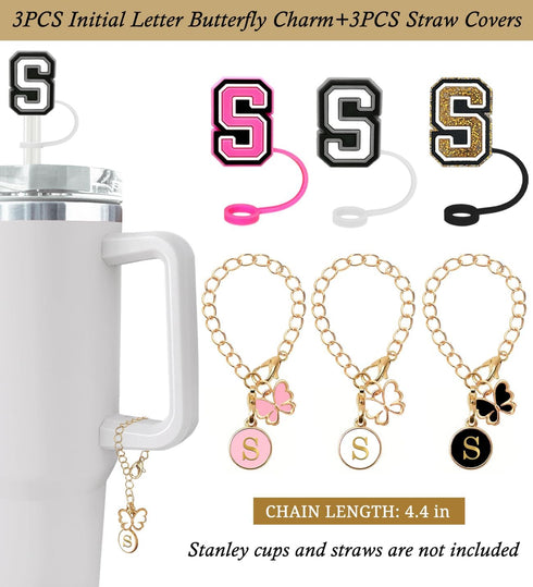 (3 +3) Nuozme Straw Cover Compatible with Stanley Tumbler Cup, 3PCS Letter Straw Caps with Initial Butterfly Charms