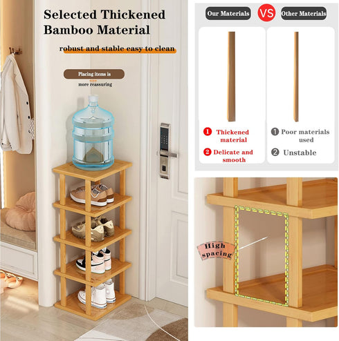 3Tier- Closet SAN HE Bamboo Shoe Rack Vertical Shoe Rack for Small Spaces, Tall Narrow Shoe Rack Organizer for Entryway