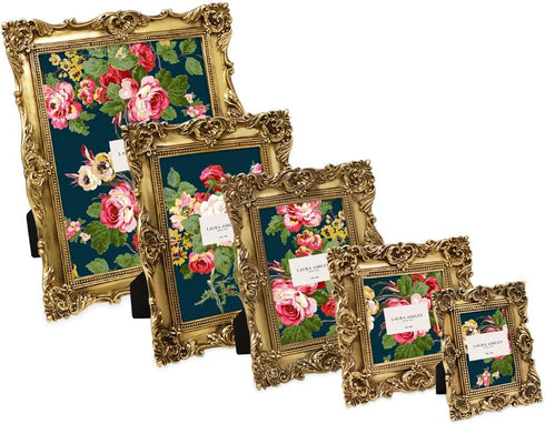 Laura Ashley 4x4 Gold Ornate Textured Hand-Crafted Resin Picture Frame with Easel & Hook for Wall & Tabletop Display,